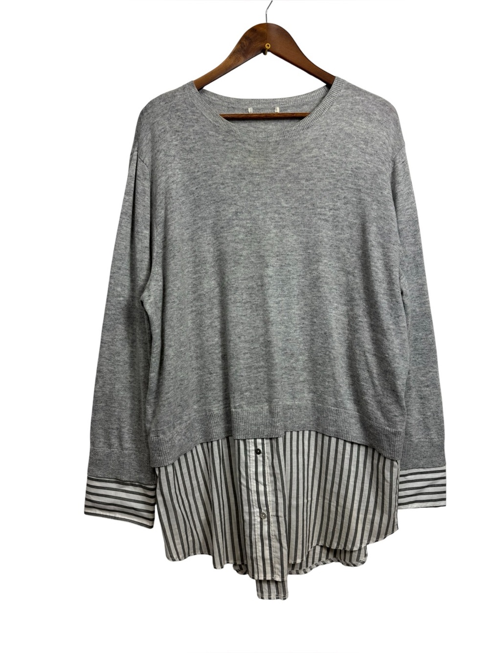H & M Gray Layered Knit-Top Sweater with Striped Shirt Hem